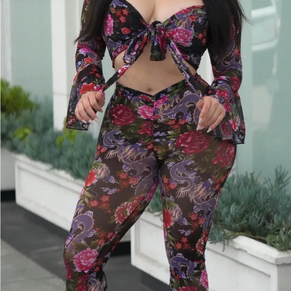 Black and Red Floral Set with Flared Legs